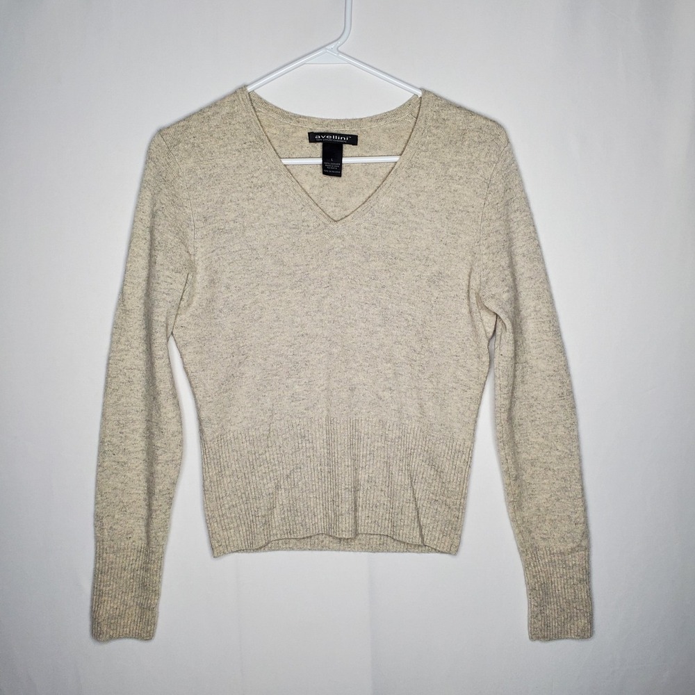 Avellini Cashmere Sweater Women Large Heather Beige Vneck Preppy Neutral Classic